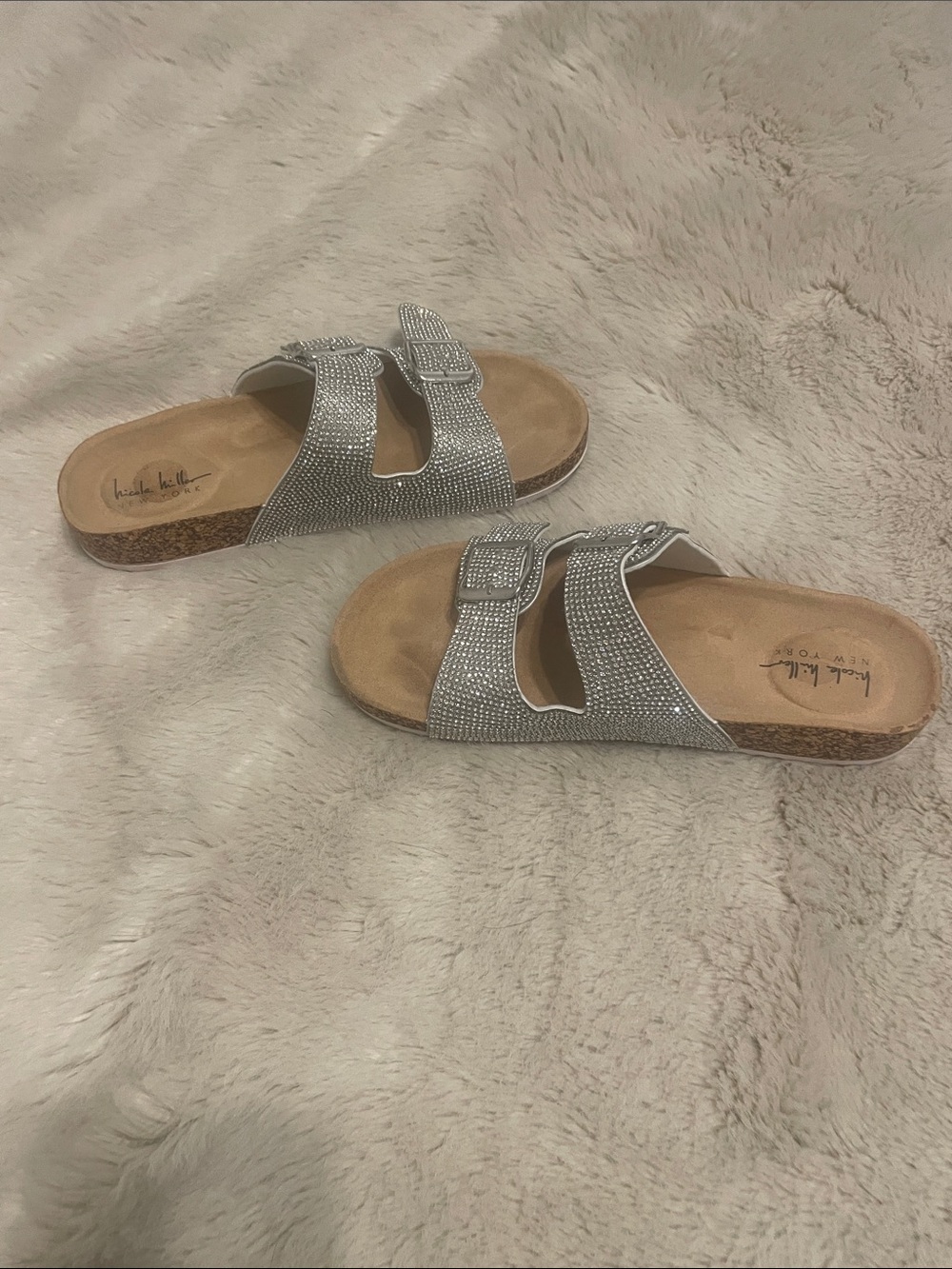 Nicole Miller Silver Rhinestone Double-Strap Slides